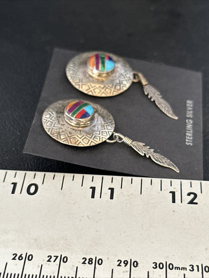 Blue Turquoise & Spiny Oyster Navajo Sterling Silver Inlay Earrings 2” 14762