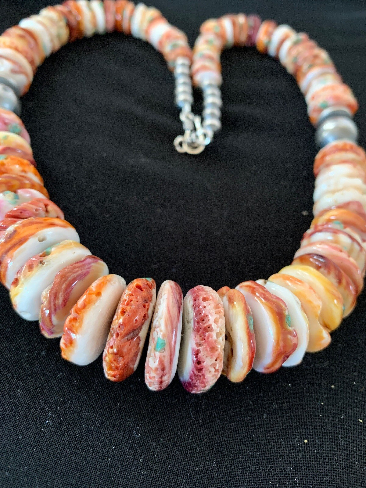 Native Red Spiny Oyster Navajo Pearls Sterling Silver Necklace 20" 03243