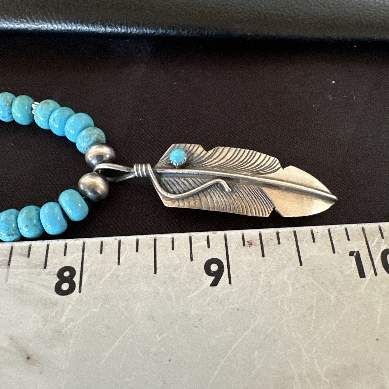 Mens Feather Turquoise Pendant Navajo Sterling Silver Necklace 18060