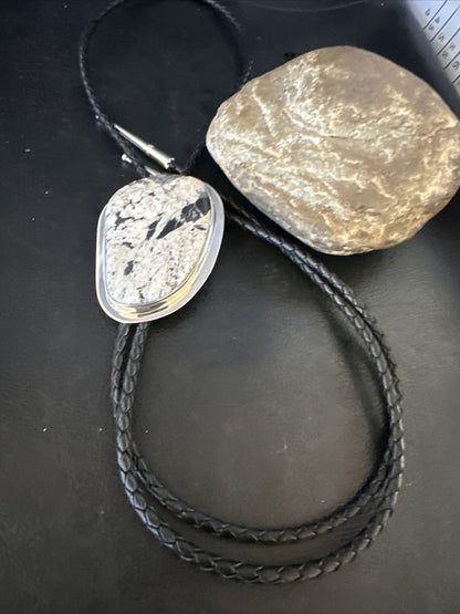 Mens BOLO TIE WHITE BUFFALO TURQUOISE Sterling Silver Navajo 2.5 in 15005