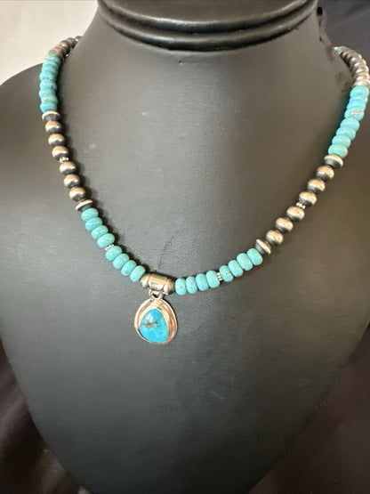 WoMens Blue Kingman Turquoise Pendant Navajo Sterling Silver Necklace 21" 17977