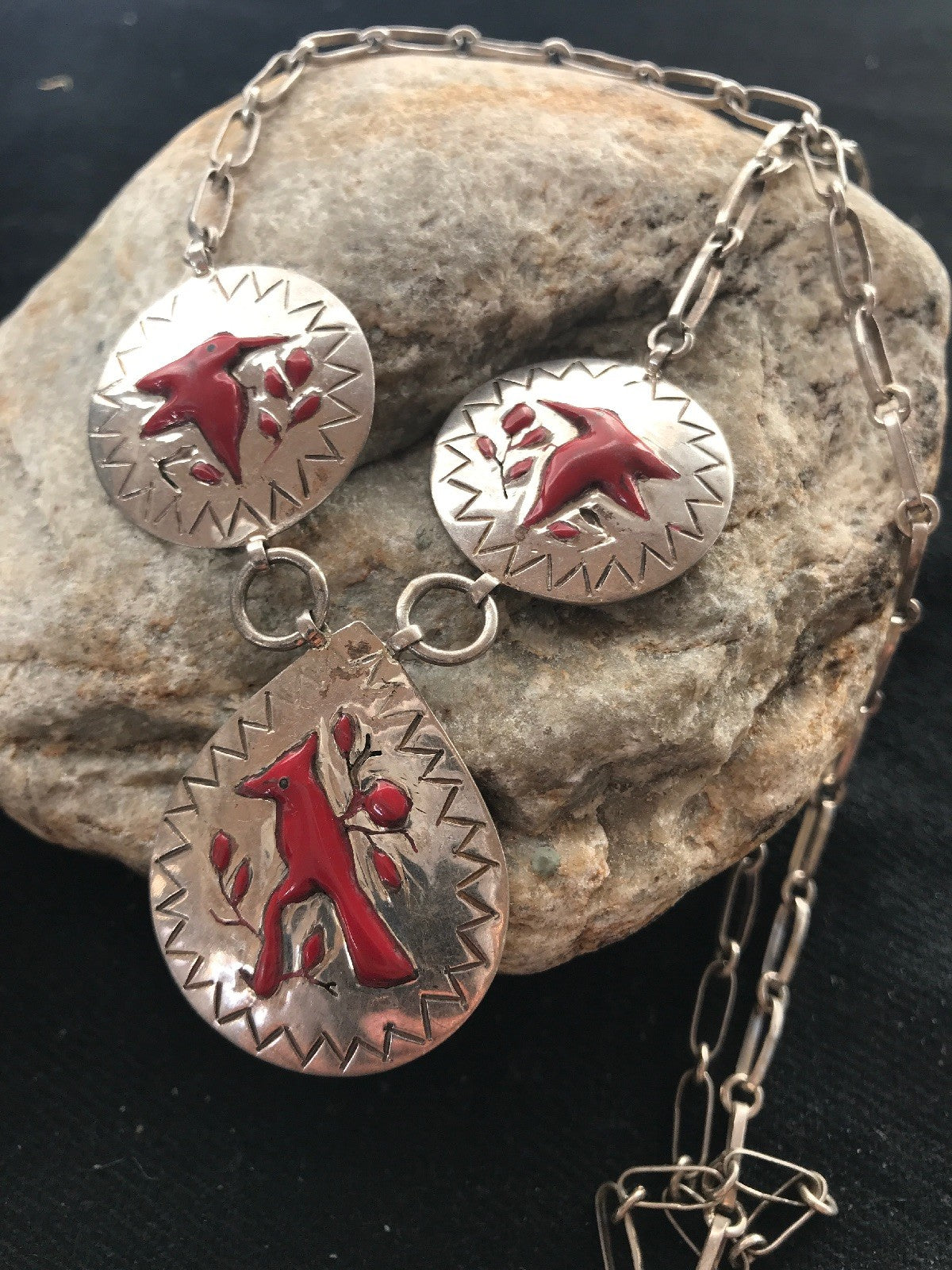 Coral Pendant Zuni Sterling Silver Cardinal Old Pawn Necklace Earrings 01133N