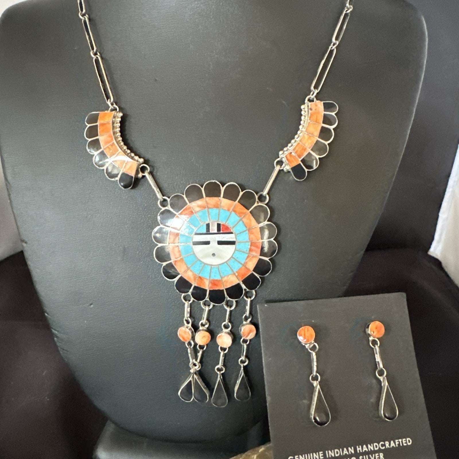 Sunface Spiny Onyx Turquoise Zuni Sterling Silver Necklace 19" Earrings 19114