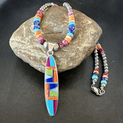 Multicolor Turquoise Spiny Navajo Inlay Pendant Necklace | Sterling Silver | Authentic Native American Handmade | 19643