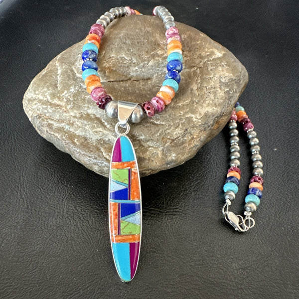Multicolor Turquoise Spiny Navajo Inlay Pendant Necklace | Sterling Silver | Authentic Native American Handmade | 19643