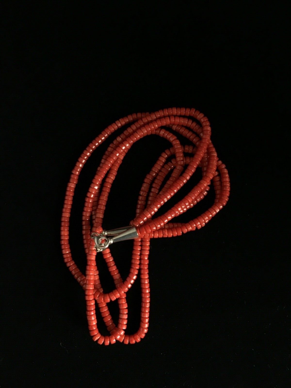 Red Coral Stabilized 3 Strands Navajo Sterling Silver Heishi Necklace 01778
