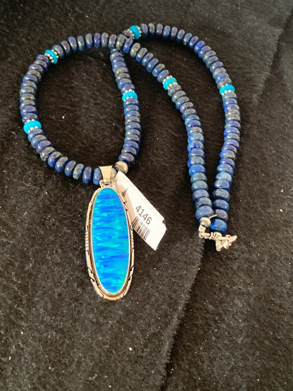 Opal Pendant Blue Lapis Turquoise Navajo Pearls Sterling Necklace 04146