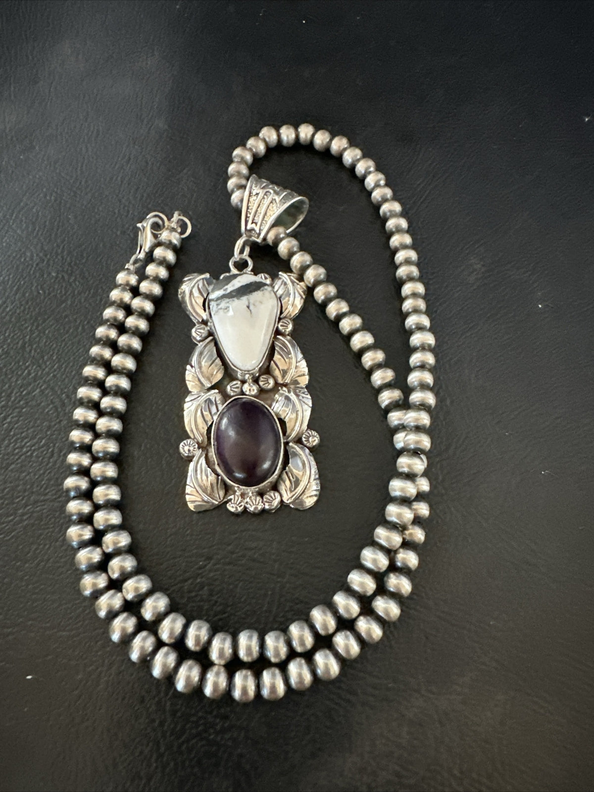 White Buffalo Turquoise  Purple Stone Pendant Navajo Sterling Silver 18036