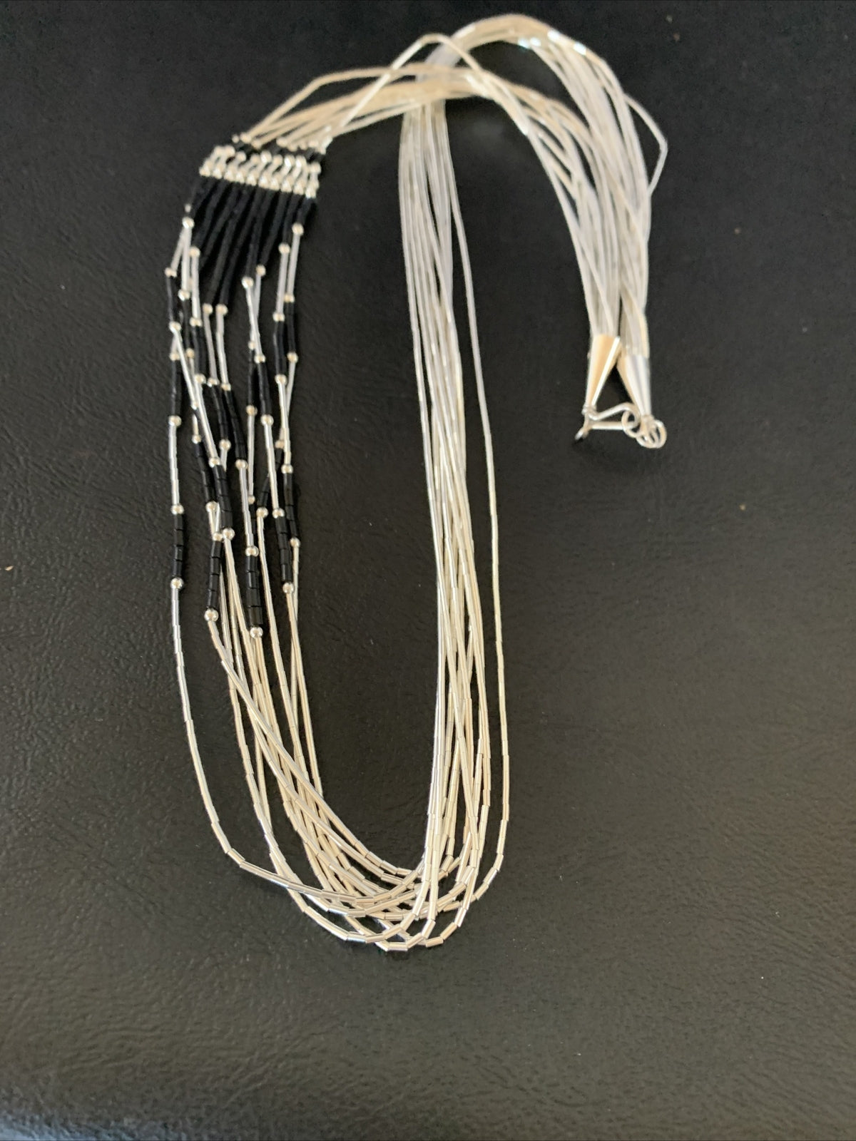 Black Onyx Liquid Silver 10 Strands Heishi Tubes 26" Necklace 13059