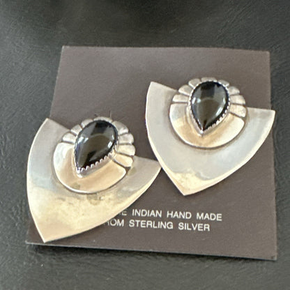 Old Pawn Black Onyx Navajo Sterling Silver Native American Earrings 18114