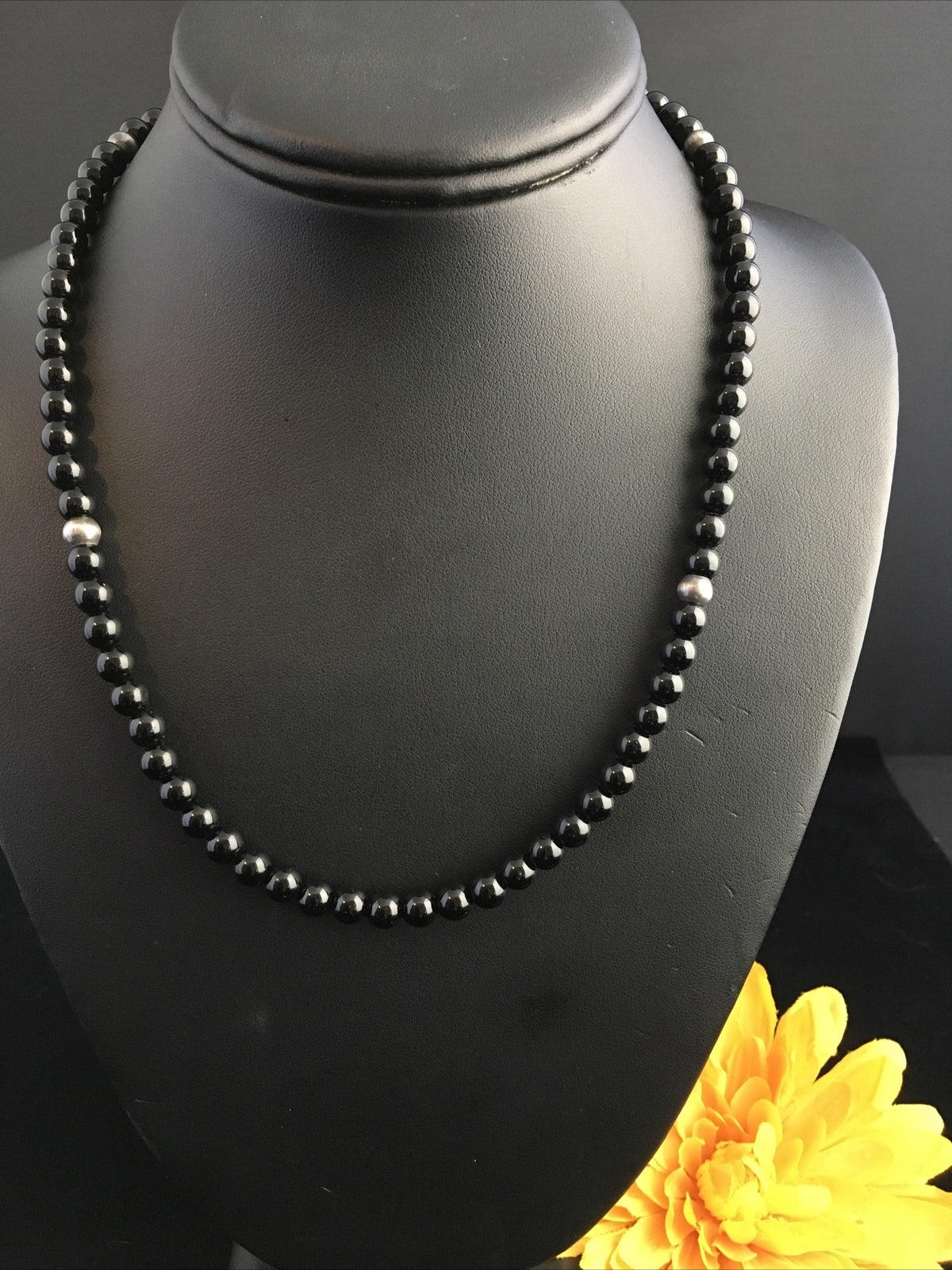 Black Onyx Navajo Sterling Silver Necklace 18” 10026