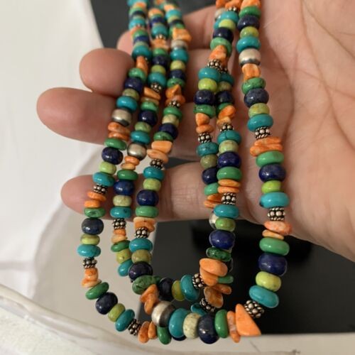 Multi-Color Green Turquoise Spiny Lapis Necklace Sterling Silver 01959