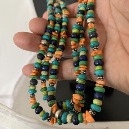 Multi-Color Green Turquoise Spiny Lapis Necklace Sterling Silver 01959