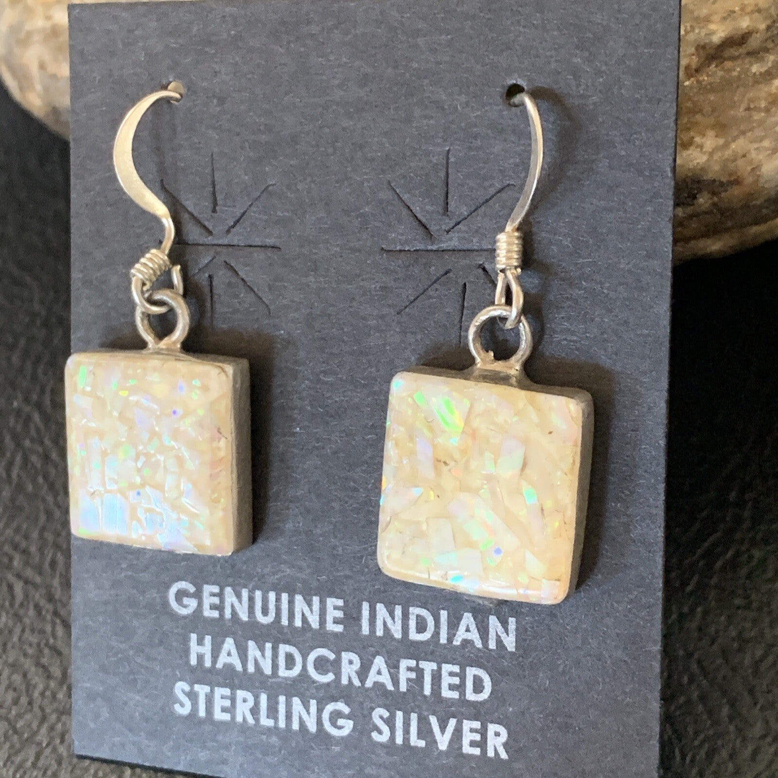 Womens White Opal Inlay Navajo Sterling Silver Dangle Drop Earrings 12768