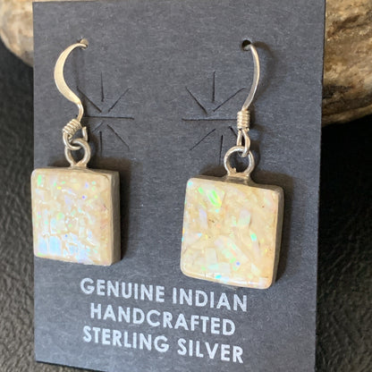 Womens White Opal Inlay Navajo Sterling Silver Dangle Drop Earrings 12768