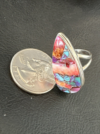 Blue Turquoise Orange Spiny Oyster Navajo Sterling Silver Ring Size 5.5 18210