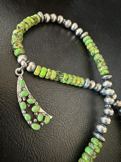 Womens Green Gaspeite Turquoise Pendant Navajo Sterling Silver Necklace 18369