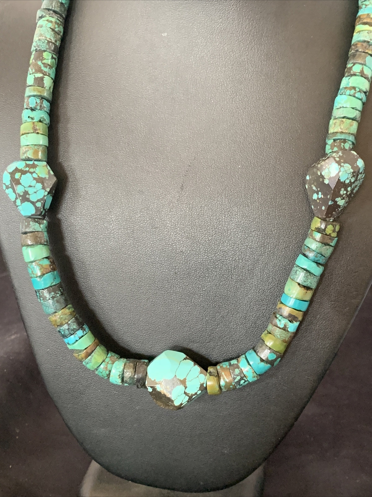 Men Chunky Spiderweb Turquoise Heishi Navajo Sterling Silver Necklace 21” 124506