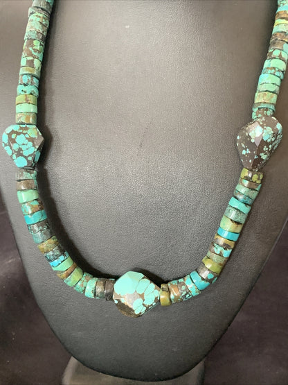 Men Chunky Spiderweb Turquoise Heishi Navajo Sterling Silver Necklace 21” 124506
