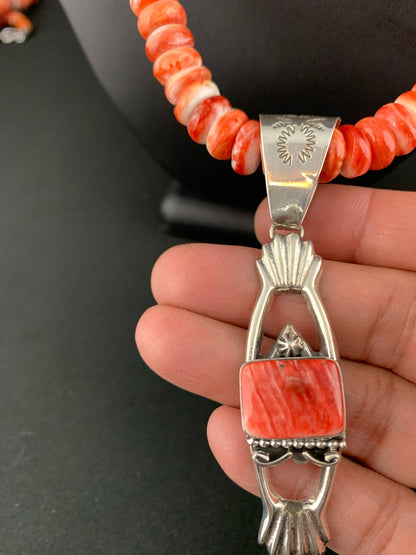 Native Mens Red Spiny Oyster Pendant Navajo Sterling Silver Necklace 04782