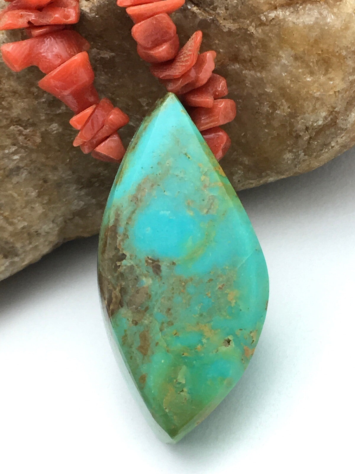 Native American Turquoise Pendant Coral Brass Old Pawn Necklace 19" 04005