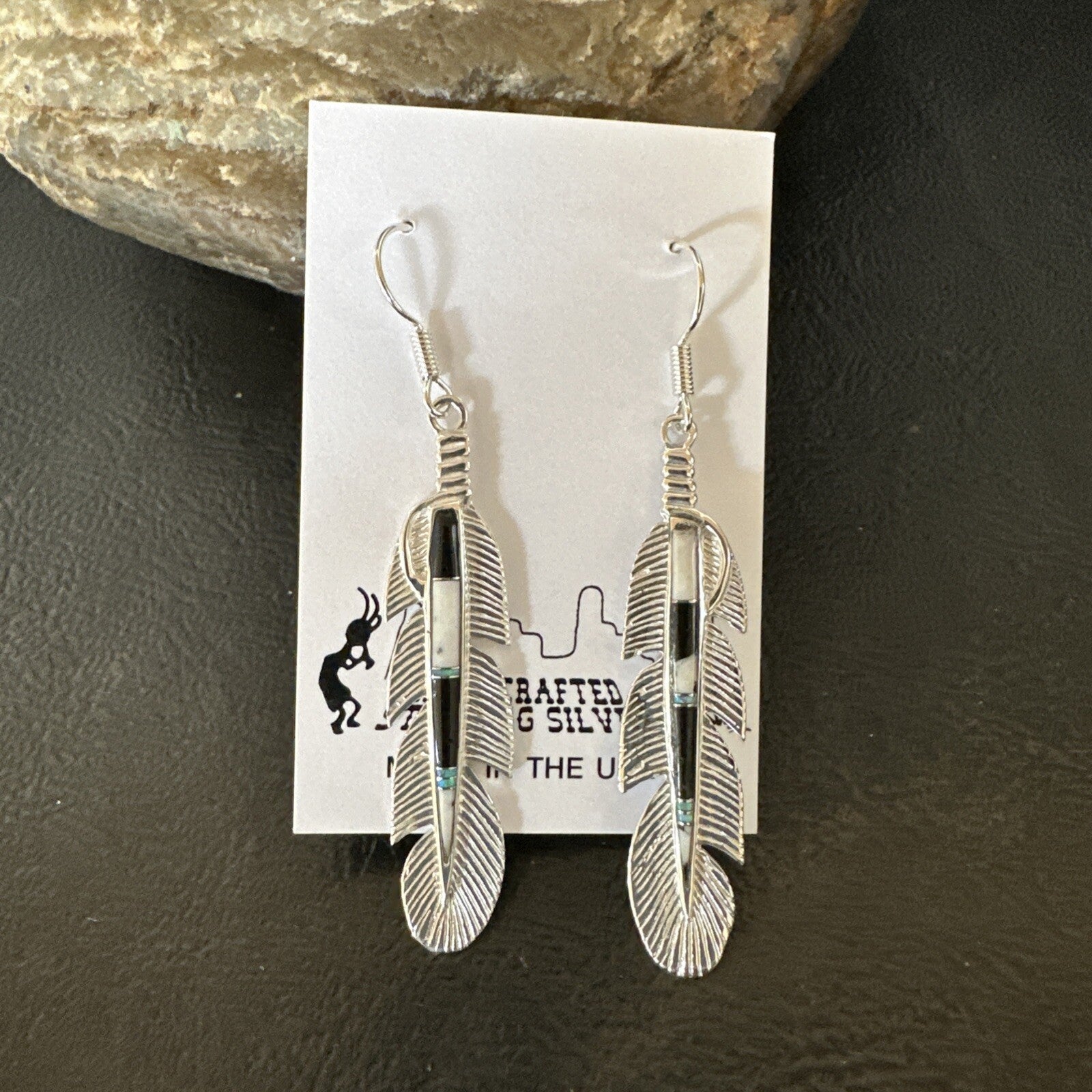 White Buffalo Turquoise Opal Sterling Silver Handmade Feather Earrings 18696