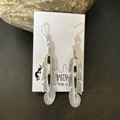 White Buffalo Turquoise Opal Sterling Silver Handmade Feather Earrings 18696