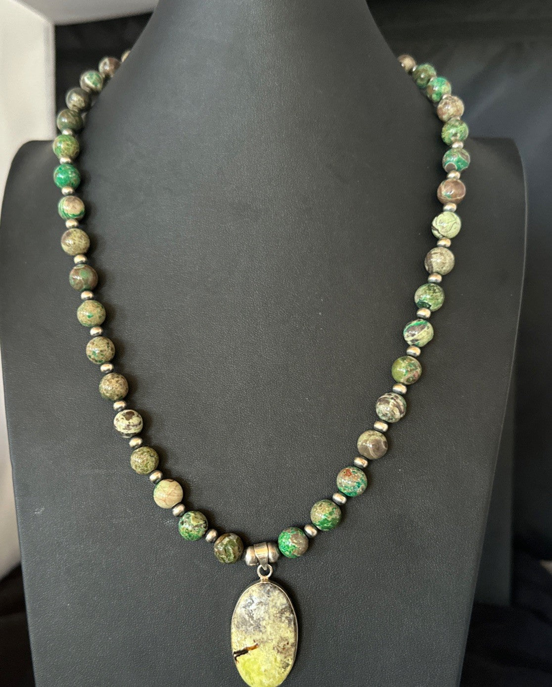 Green Gaspeite Pendant 10mm Turquoise Navajo Sterling Silver Necklace 20" 19679