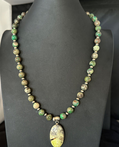Green Gaspeite Pendant 10mm Turquoise Navajo Sterling Silver Necklace 20" 19679