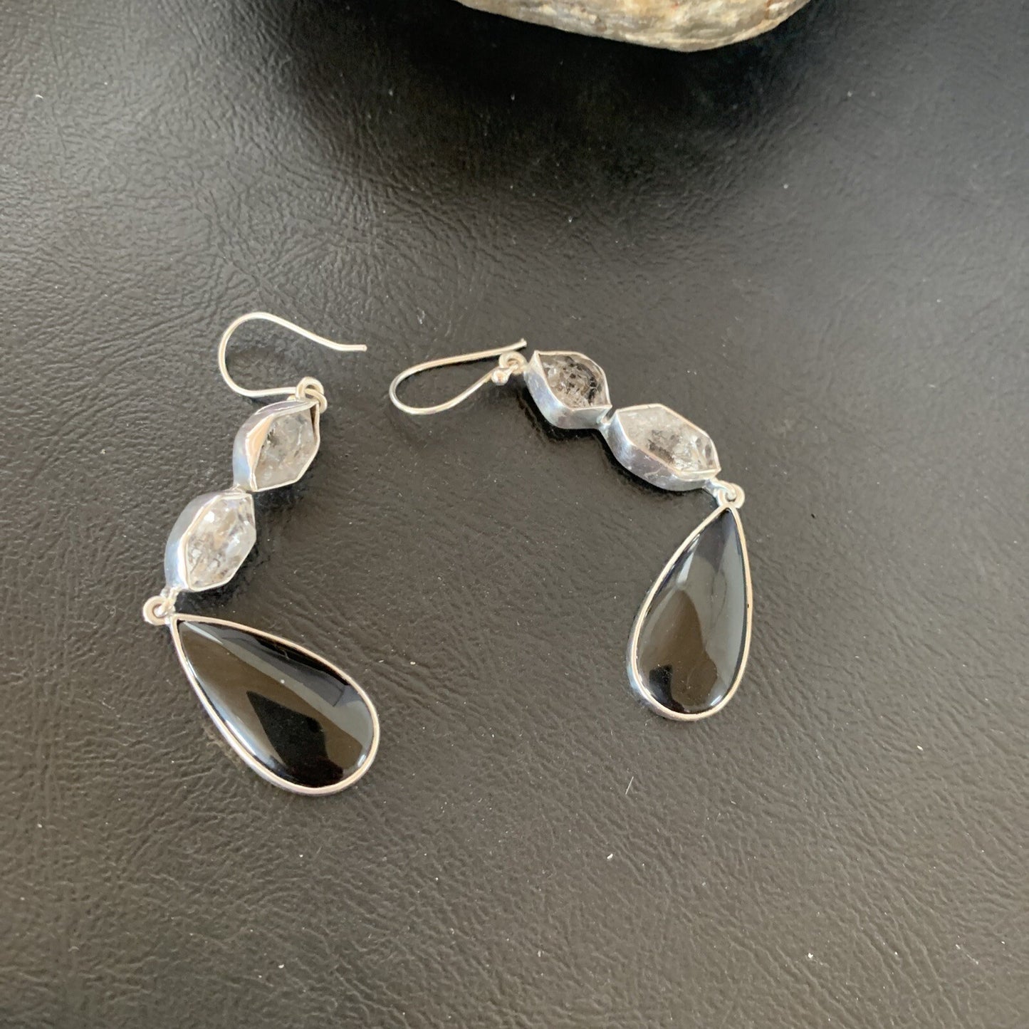 Black Onyx & Quartz Navajo Sterling Silver Dangle Earring 2" 12086