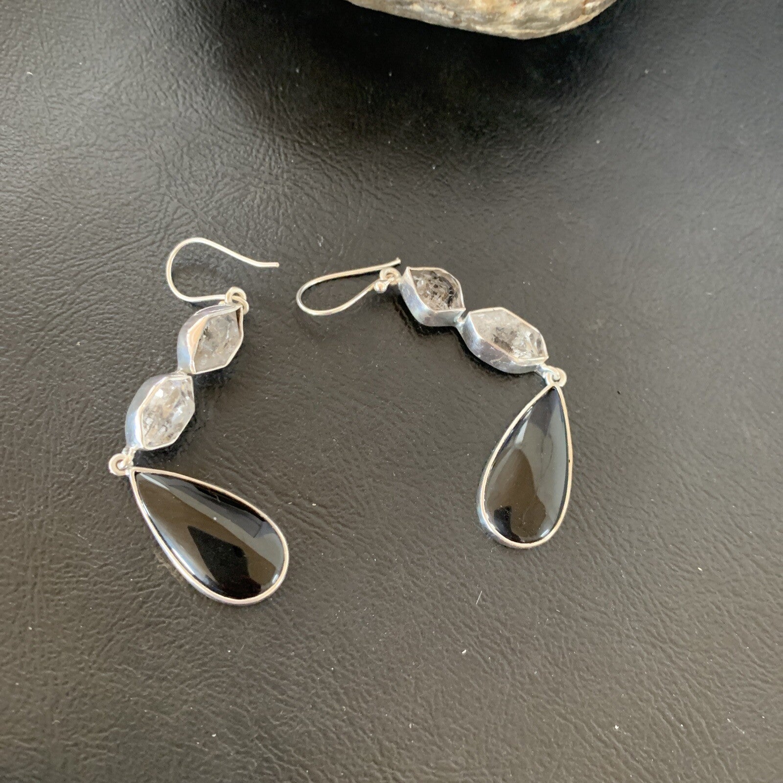 Black Onyx & Quartz Navajo Sterling Silver Dangle Earring 2" 12086