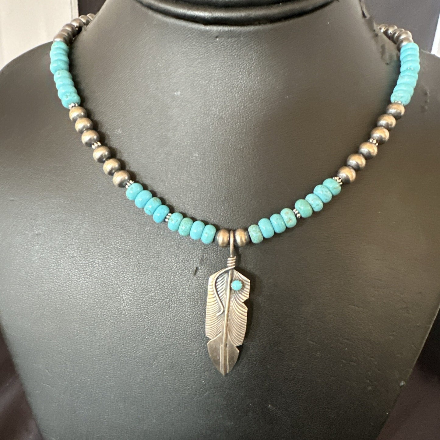 Mens Feather Turquoise Pendant Navajo Sterling Silver Necklace 18060