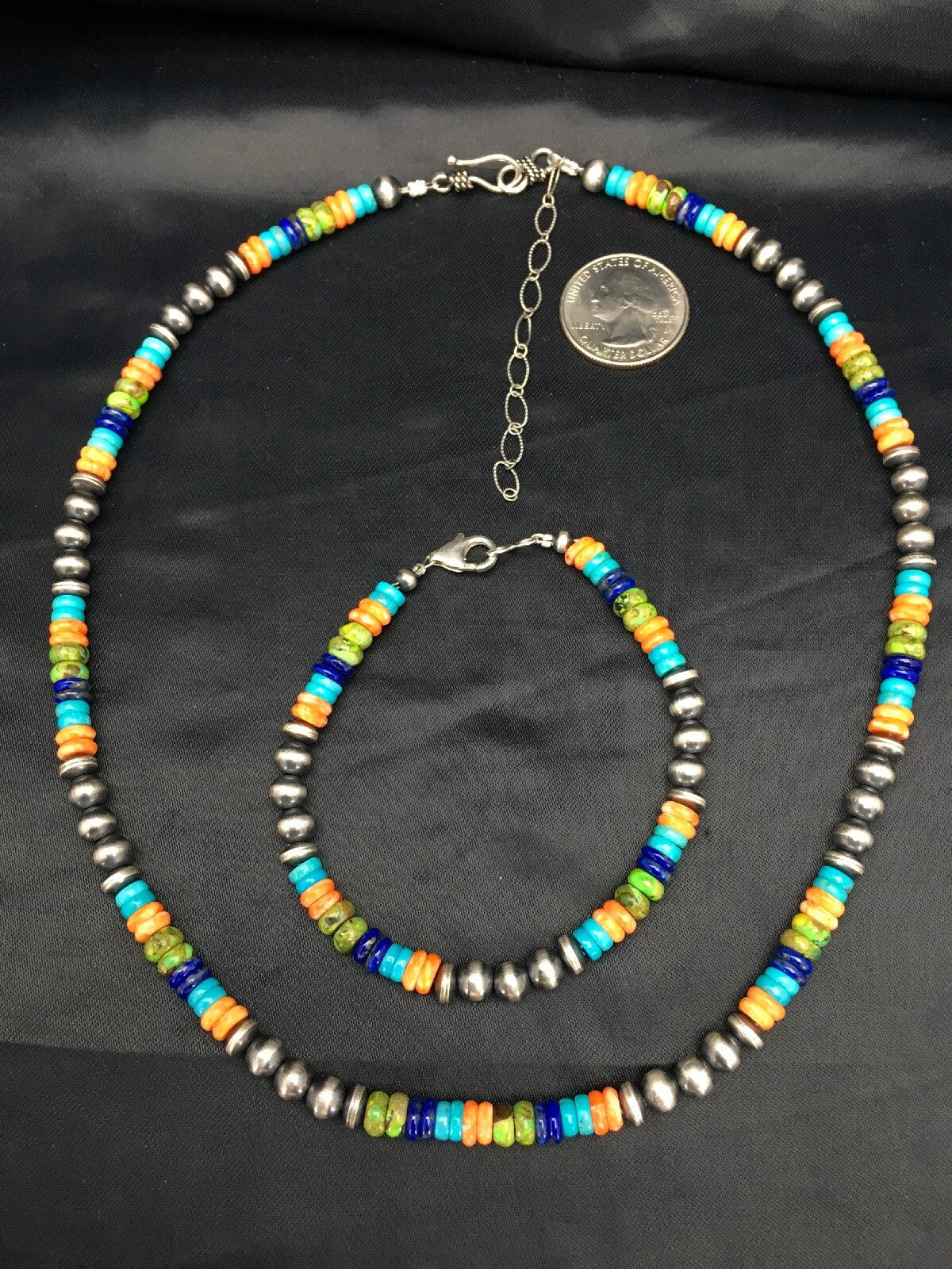Southwestern Turquoise Spiny Lapis Silver Necklace Bracelet Set 8" 02762