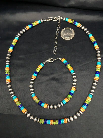 Southwestern Turquoise Spiny Lapis Silver Necklace Bracelet Set 8" 02762