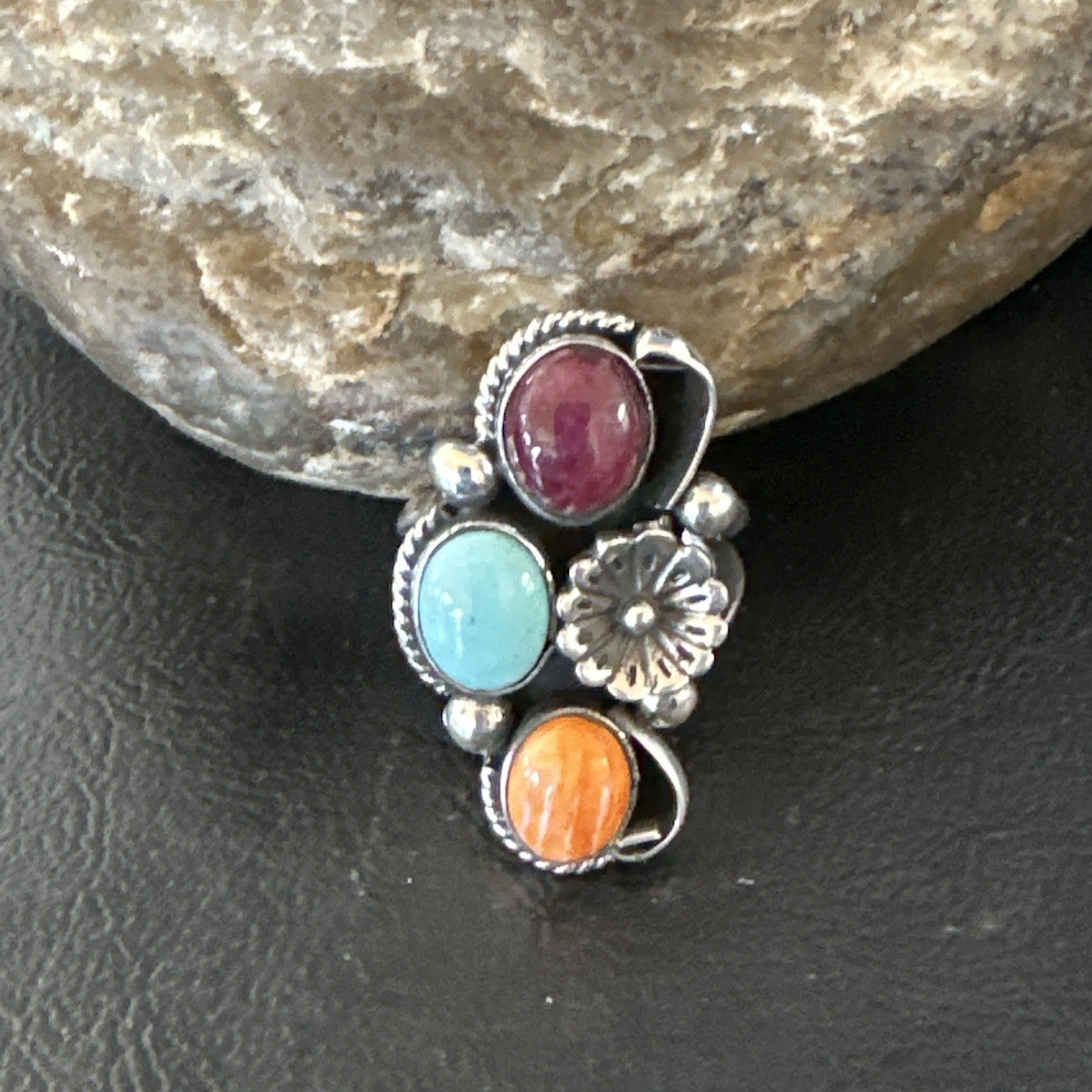 Multicolor Ring Turquoise Spiny Navajo Sterling Silver Cluster Size 8.5 19166