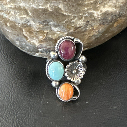 Multicolor Ring Turquoise Spiny Navajo Sterling Silver Cluster Size 8.5 19166