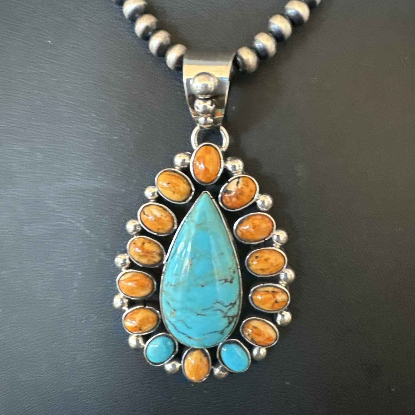 Multicolor Turquoise Spiny Navajo Sterling Silver Cluster Pendant Necklace 19559