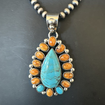 Multicolor Turquoise Spiny Navajo Sterling Silver Cluster Pendant Necklace 19559
