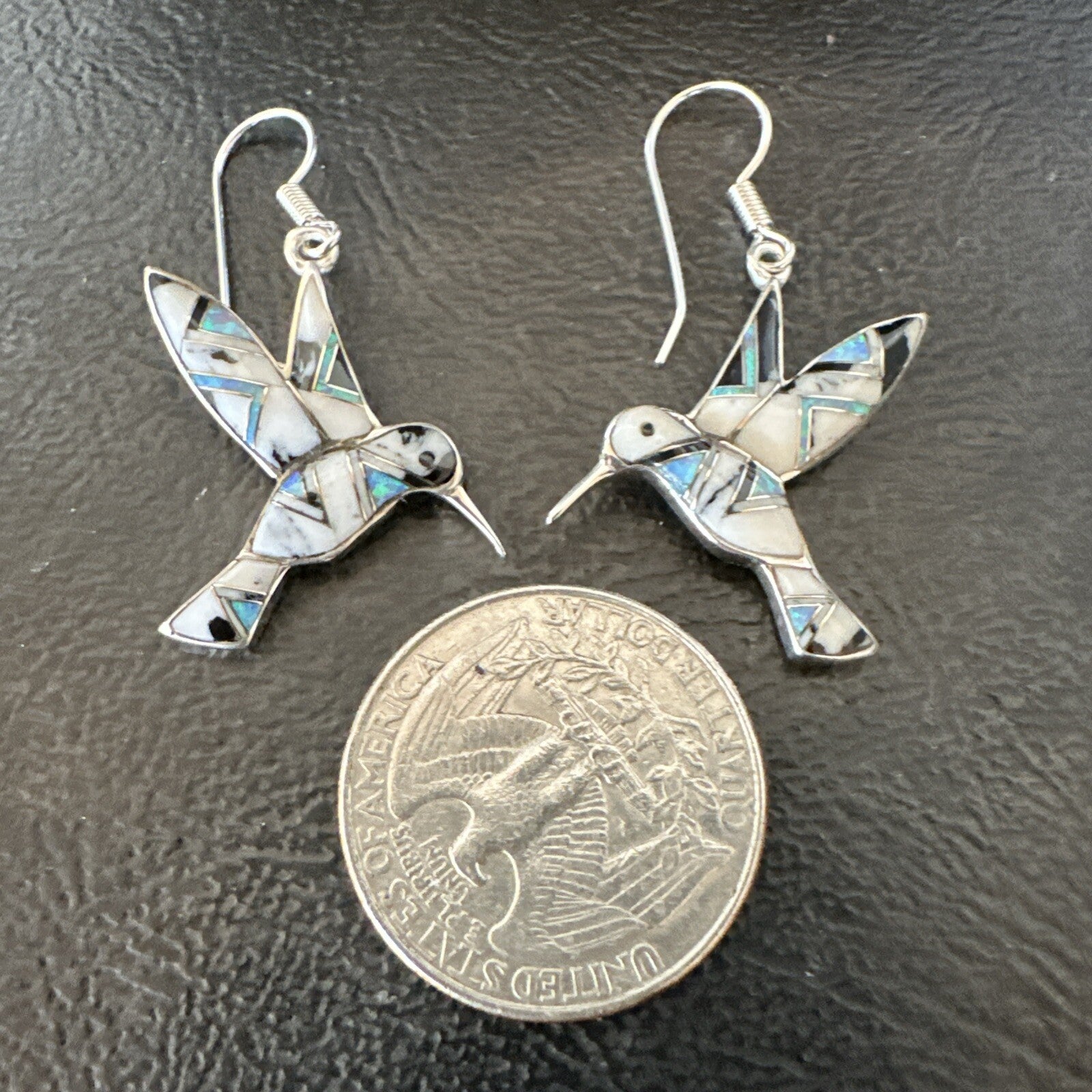White Buffalo Turquoise Opal Onyx Sterling Silver Hummingbird Earrings 18546