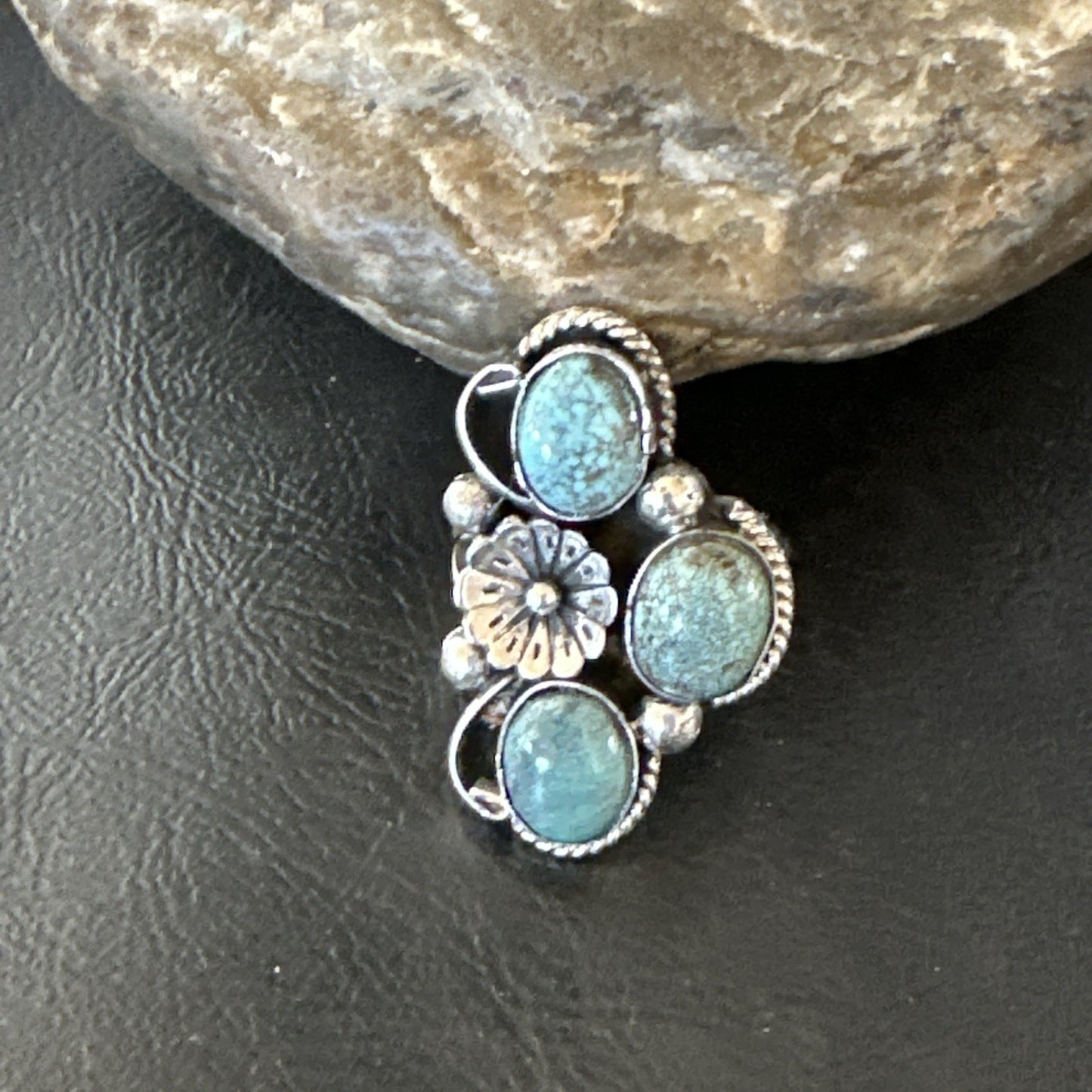 Yazzie Ring Blue Turquoise Navajo Sterling Silver Cluster Size 8 19239