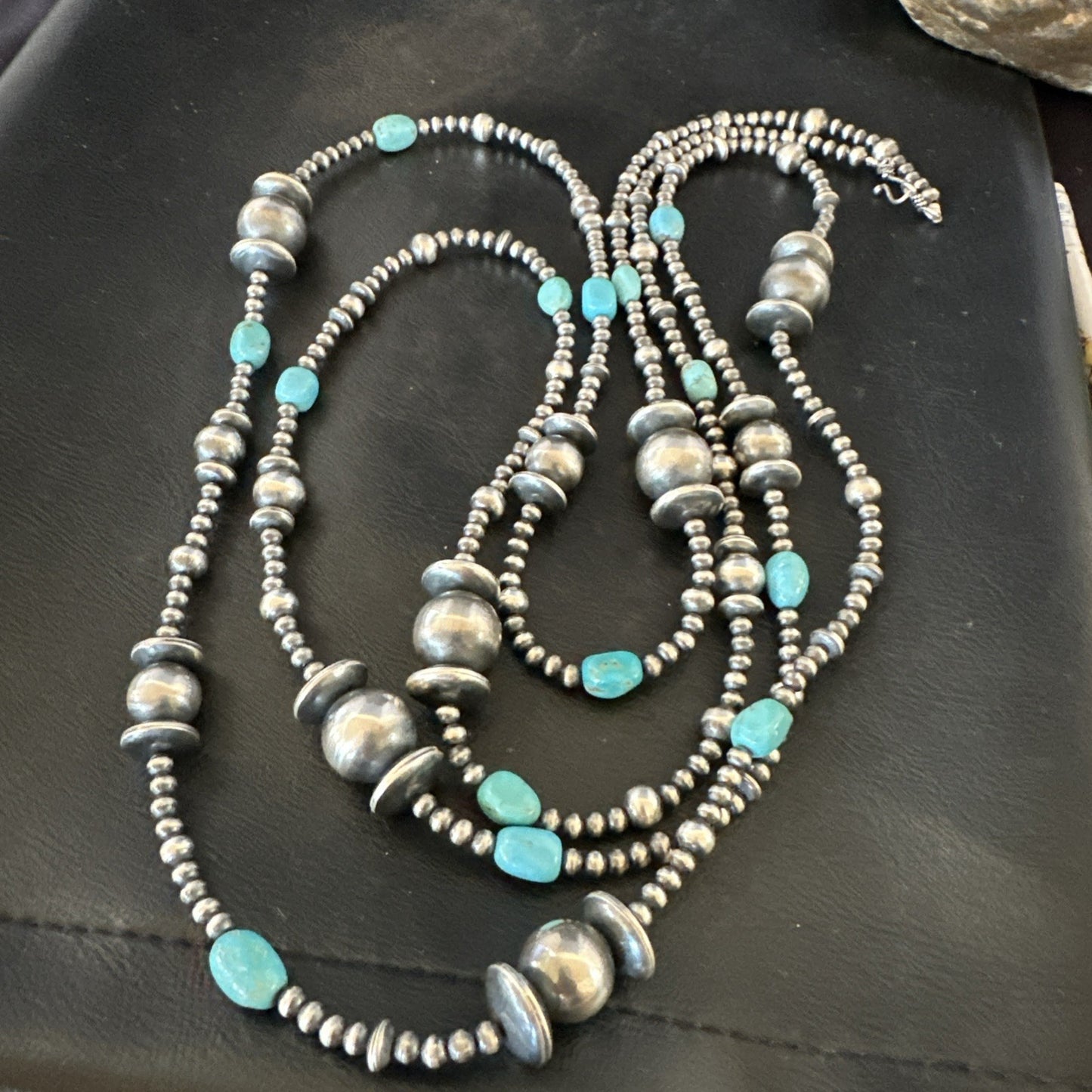 Native Navajo Sterling Silver Beads Blue Turquoise 72 in Necklace 19117