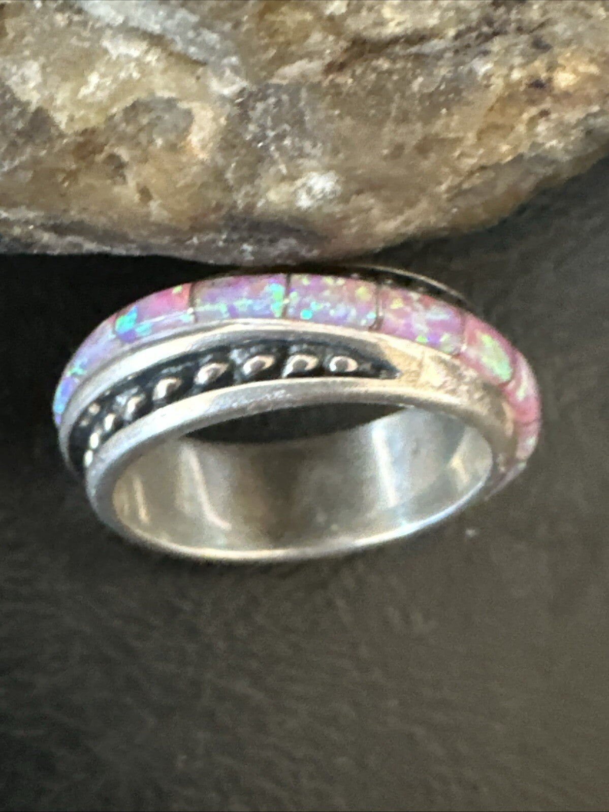 Pink Opal Navajo Sterling Silver Band Inlay Ring Size 9 18784