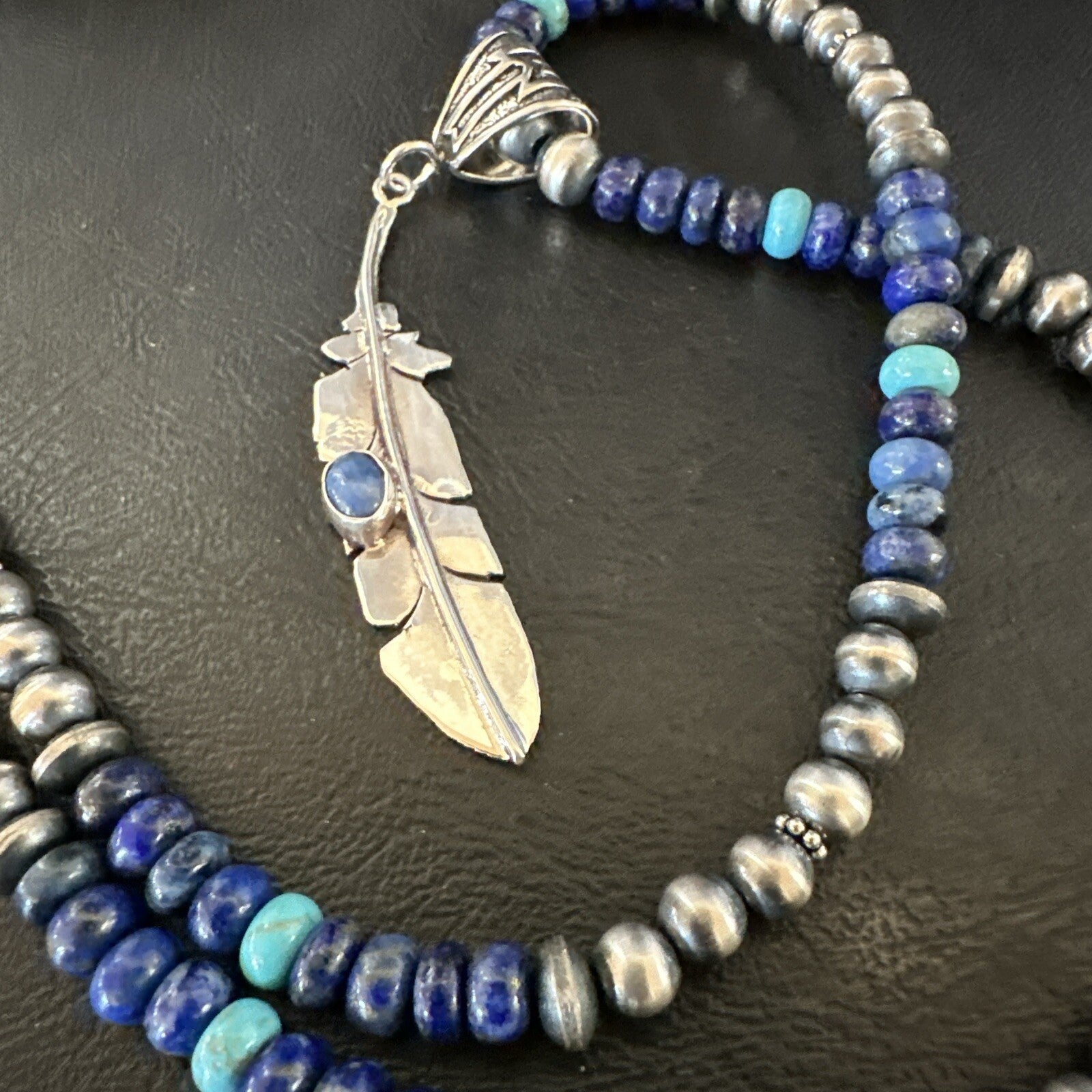 Blue Turquoise Lapis Feather Pendant Navajo Sterling Silver Necklace 21” 17789