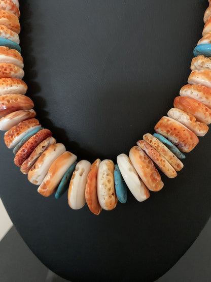 Orange Spiny Oyster Turquoise Navajo Pearls Sterling Necklace 20" 00137