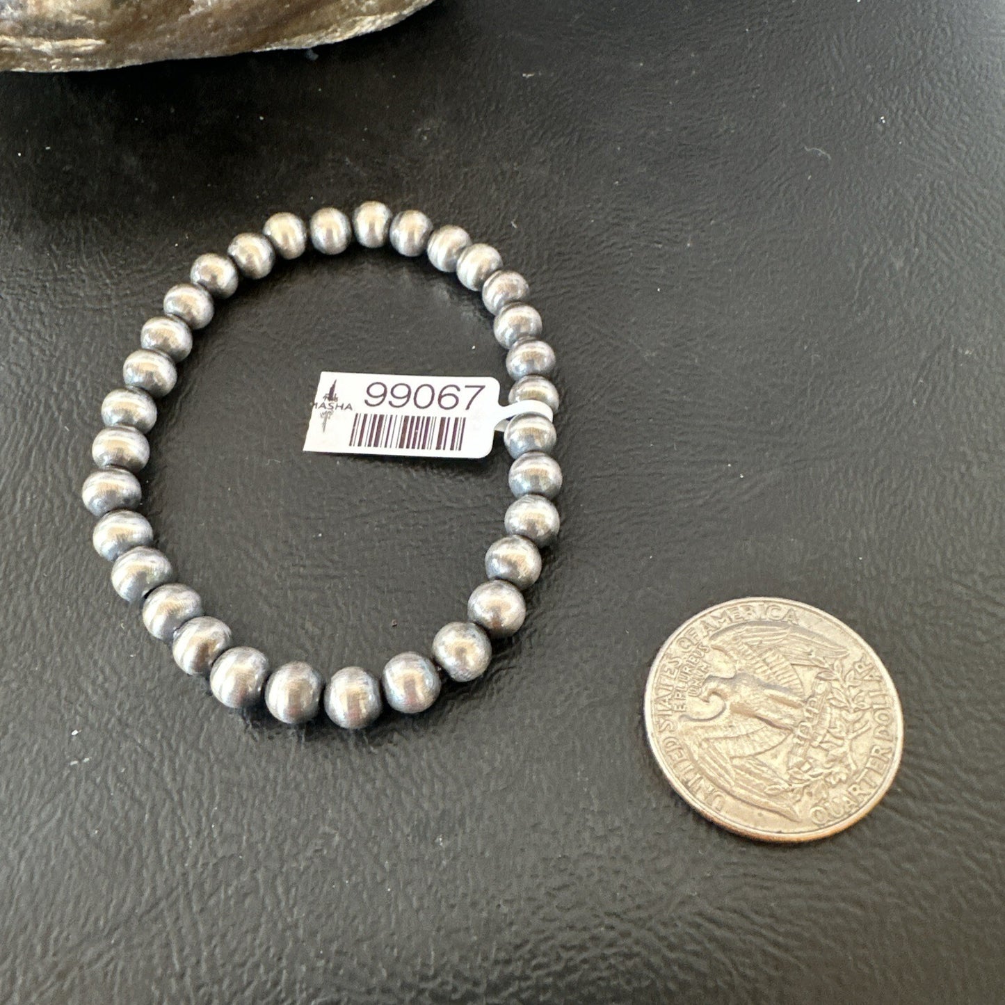 Native American 6mm Beads 7” Sterling Silver Stretch Beads Bracelet 90602