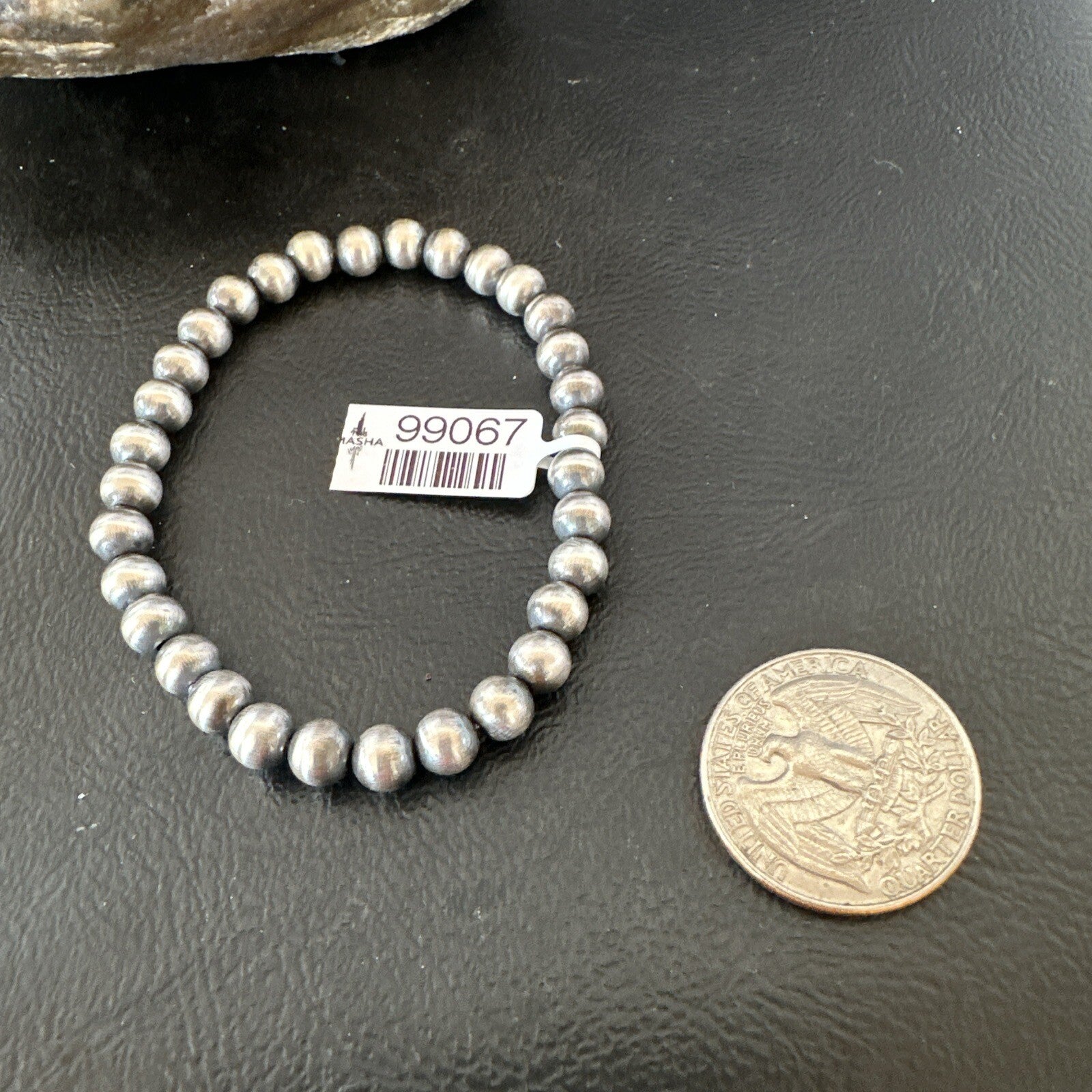 Native American 6mm Beads 7” Sterling Silver Stretch Beads Bracelet 90602