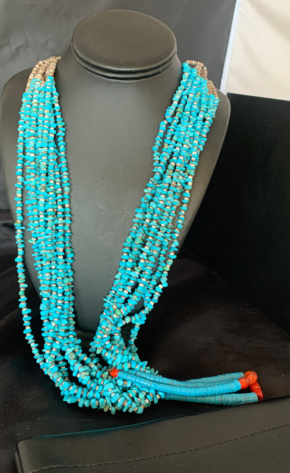 Native American Santo Domingo Blue Turquoise Coral 10S 38in Necklace 19031