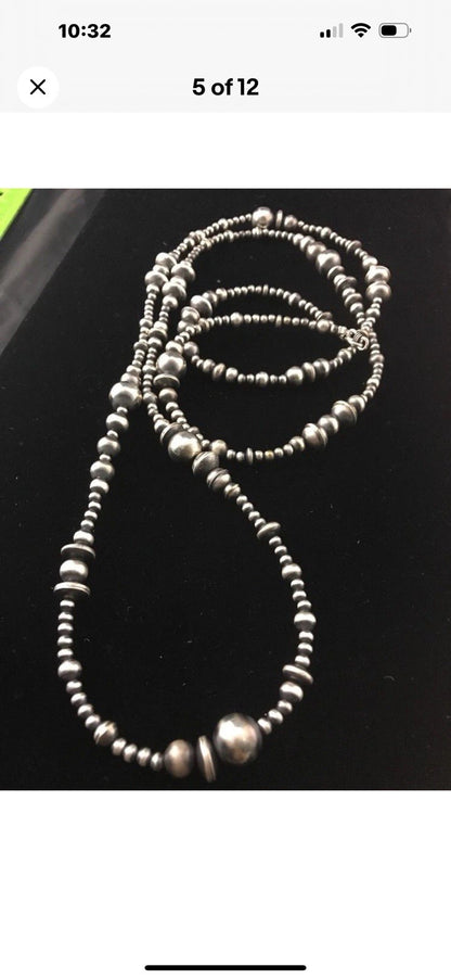 48” Long Navajo Pearls Mixed Bead Sterling Silver Necklace