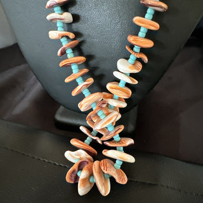 Orange Spiny Oyster Blue Turquoise 26� Navajo Sterling Silver Necklace 17949