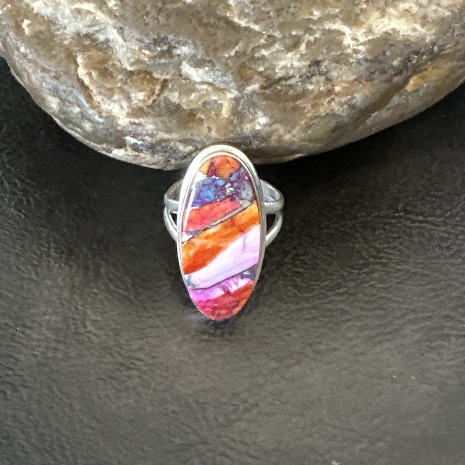 Blue Turquoise Spiny Oyster Southwestern Sterling Silver Ring Size 6 18474